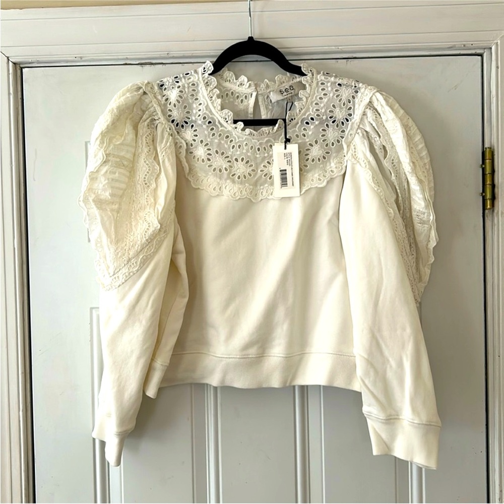 Sea New York Cream Eyelet Puff-Sleeve Sweatshirt